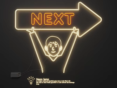Neon Light Fixture With Cartoon Character Holding NEXT Sign On Black Background And Power Adapter 3d model