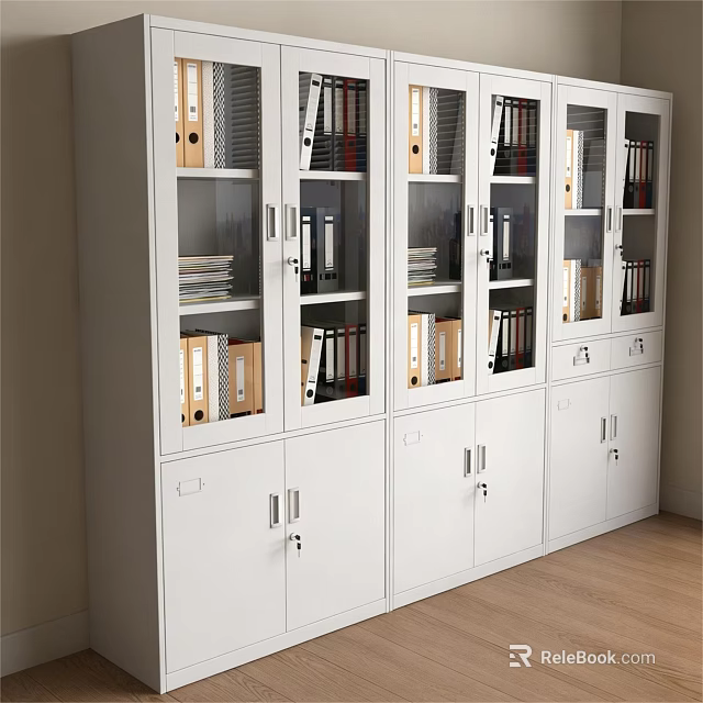 Modern White Office Filing Cabinets With Glass Doors And Organized Folders 3d model 