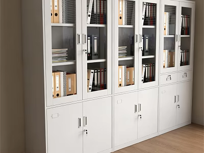 Modern White Office Filing Cabinets With Glass Doors And Organized Folders 3d model
