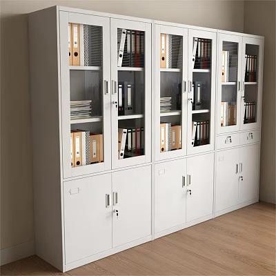 Modern White Office Filing Cabinets With Glass Doors And Organized Folders 3d model