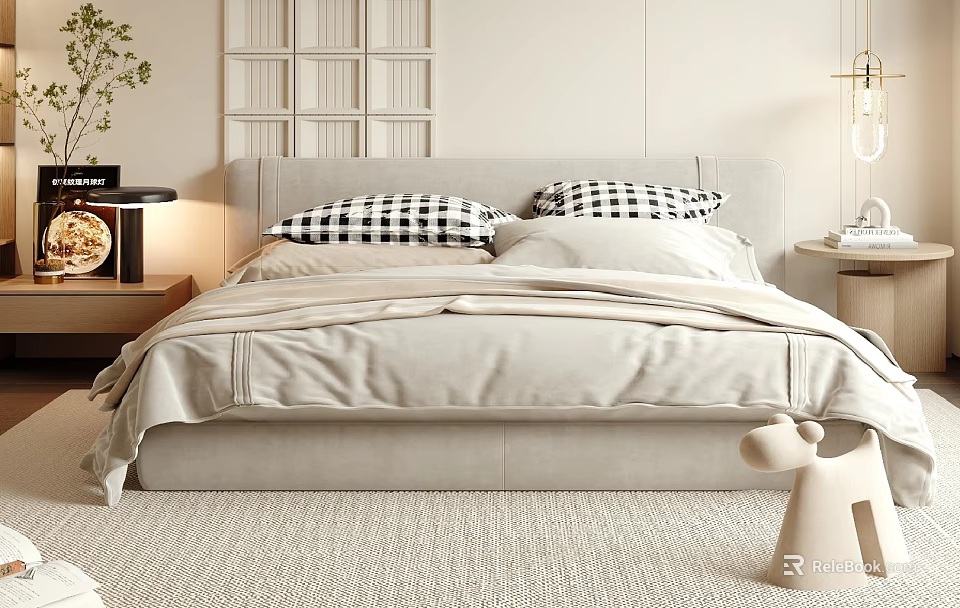 Modern Cozy Double Bed Interior With Beige Bedsheets Checkered Pillows And Light Woven Rug 3d model 