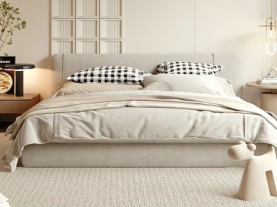 Modern Cozy Double Bed Interior With Beige Bedsheets Checkered Pillows And Light Woven Rug 3d model