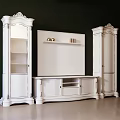Elegant Classical TV Background Wall With White Cabinets Golden Patterns And Display Units