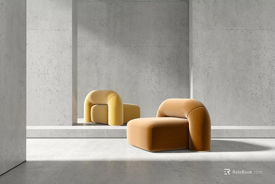 Modern Curved Yellow And Beige Velvet Single Sofa For Living Room Interior Design 3d model 