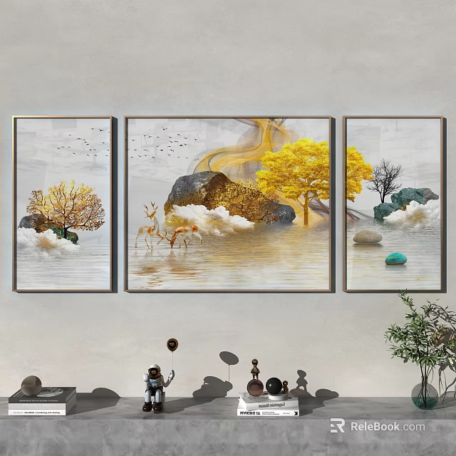 Three Panel Wall Art With Yellow Trees Rocks Clouds Deer And Water Ripples 3d model