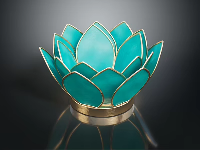 Elegant Turquoise Lotus Shaped Decorative Furniture Piece With Golden Rim Base 3d model