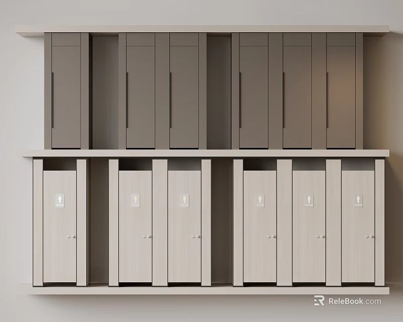 Modern Public Restroom Featuring Multiple Neutral Toned Stalls And Organized Design 3d model