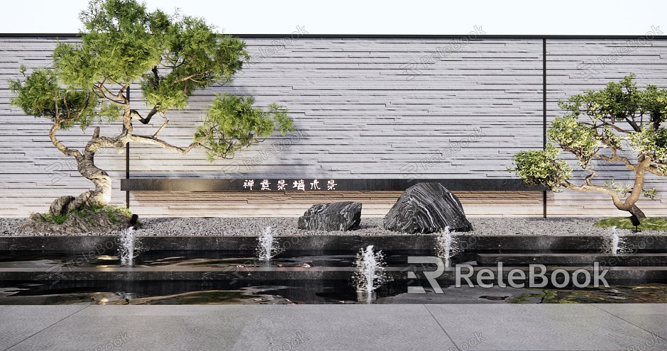 New Chinese style landscape sketch waterscape wall landscape pine stone fountain waterscape demonstration area landscape sketch courtyard landscape model