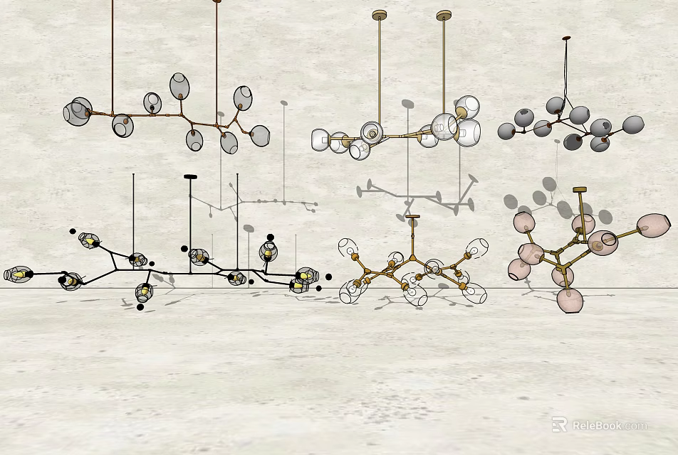 Various Modern Chandeliers With Branch Like Metal Frames Glass Spheres And Gold Black Pink Finishes 3d model 