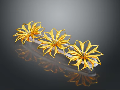 Golden Flower Shaped Hairpins With Shiny Petals And Reflection On Black Background 3d model