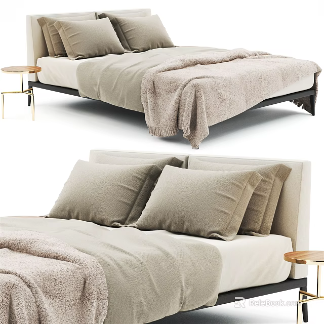 Modern Minimalist Double Bed With Upholstered Headboard Soft Blanket And Neutral Pillows 3d model 