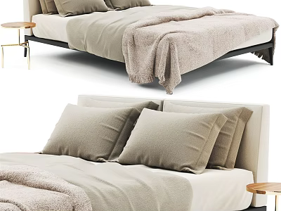 Modern Minimalist Double Bed With Upholstered Headboard Soft Blanket And Neutral Pillows 3d model