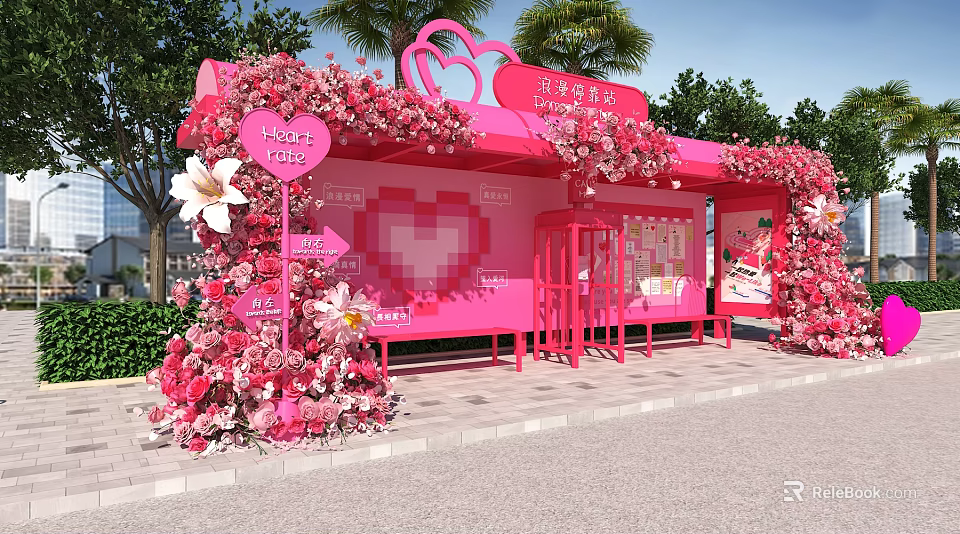 Pink Heart Shaped Outdoor Booth Decorated With Flowers Heart Cup Sign And Green Plants 3d model 
