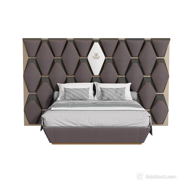 Modern Double Bed With Geometric Upholstered Headboard And Soft Gray Bedding 3d model