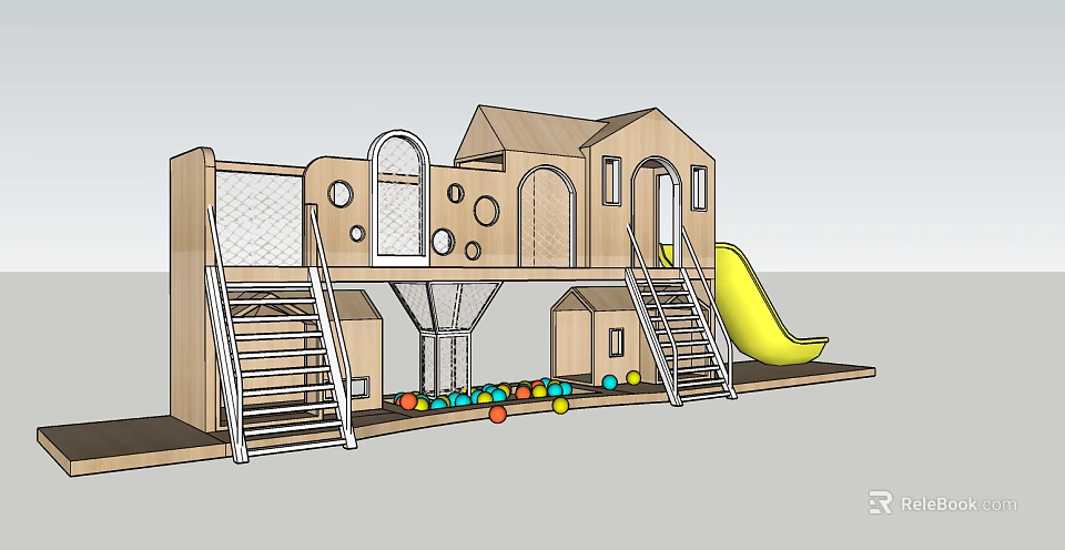 Wooden Kids Playground Equipment With Slide Stairs House Shaped Structures And Colorful Ball Pit 3d model 