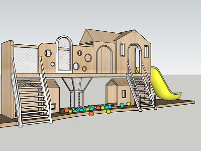 Wooden Kids Playground Equipment With Slide Stairs House Shaped Structures And Colorful Ball Pit 3d model