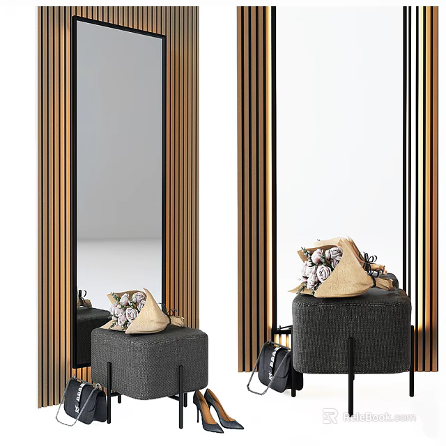 Gray Sofa Stool With Decorative Bag And Flowers Near Wooden Striped Mirror 3d model 