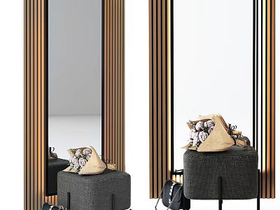 Gray Sofa Stool With Decorative Bag And Flowers Near Wooden Striped Mirror 3d model