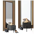 Gray Sofa Stool With Decorative Bag And Flowers Near Wooden Striped Mirror