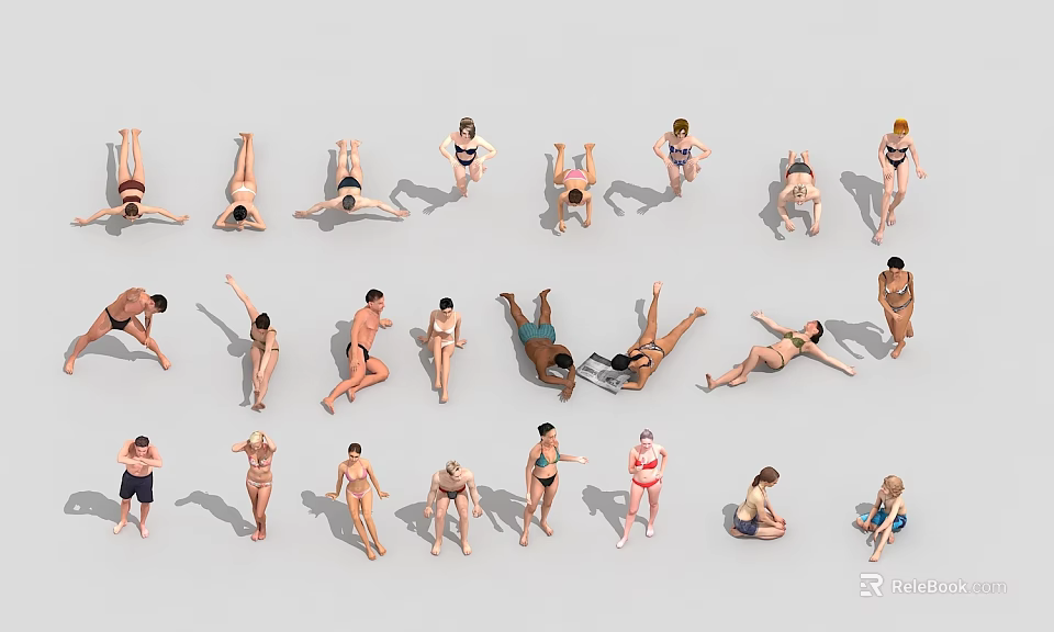 Multiple People in Various Poses Including Lying Standing and Stretching Positions 3d model 