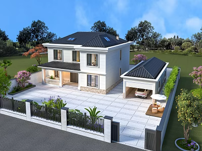 Spacious Detached Villa With White Exterior Black Roof And Lush Green Courtyard 3d model