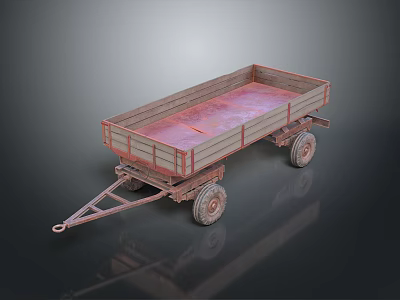 Vintage Utility Trailer With Wooden Floor Red Frame And Metal Wheels 3d model