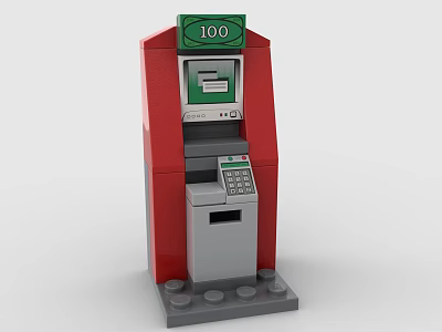 Red And Gray Building Blocks ATM Model With Green Display Showing 100 And Keypad 3d model