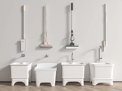 White Ceramic Mop Basins With Wall Mounted Mops In Clean Organized Space 3d model