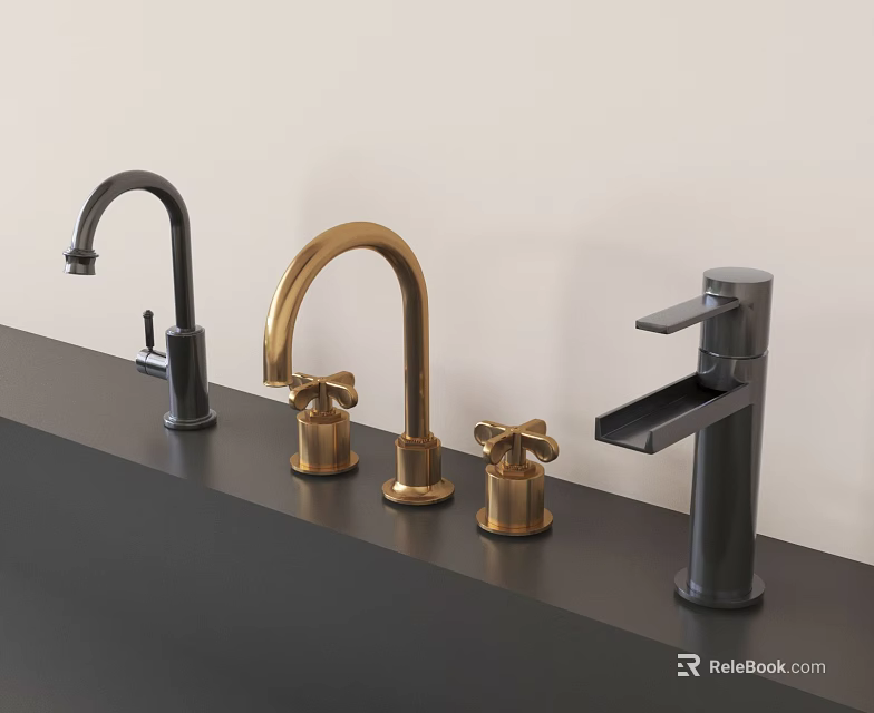 Modern Brass And Matte Black Water Faucets Displayed On Black Countertop 3d model 