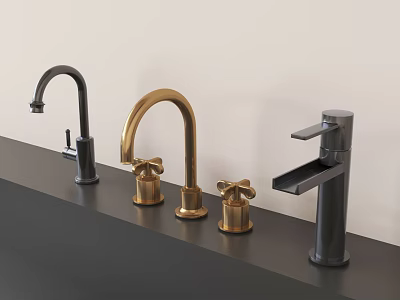 Modern Brass And Matte Black Water Faucets Displayed On Black Countertop 3d model