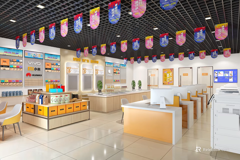 Modern Retail Store Interior With Hanging Banners Shelves And Product Counters 3d model 