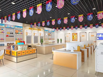 Modern Retail Store Interior With Hanging Banners Shelves And Product Counters 3d model