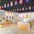 Modern Retail Store Interior With Hanging Banners Shelves And Product Counters