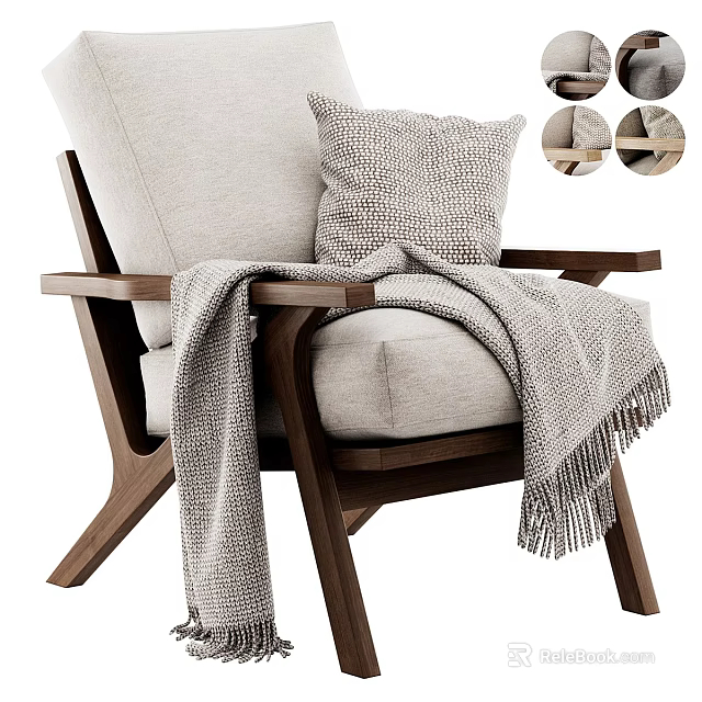 Cozy Lounge Chair With Wooden Frame Light Fabric Pillow And Woven Throw Blanket 3d model 
