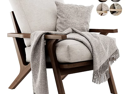Cozy Lounge Chair With Wooden Frame Light Fabric Pillow And Woven Throw Blanket 3d model