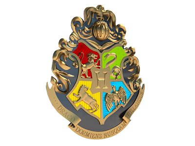 Ornate Golden Heraldic Badge Featuring Lion Eagle Badger Snake Symbols Colorful Sections And Bottom Text 3d model