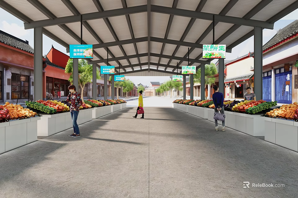 Open Air Supermarket Department Store With Fresh Fruit Vegetable Stalls And Shoppers Shopping 3d model 