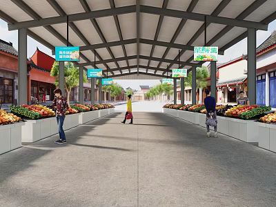 Open Air Supermarket Department Store With Fresh Fruit Vegetable Stalls And Shoppers Shopping 3d model