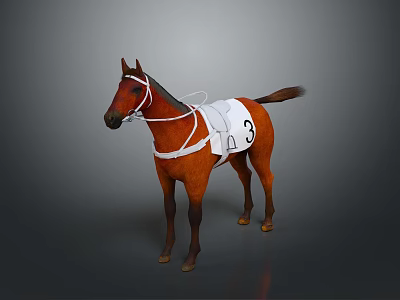 Brown Horse Standing With White Saddle Cloth Featuring Number 3 on Dark Background 3d model