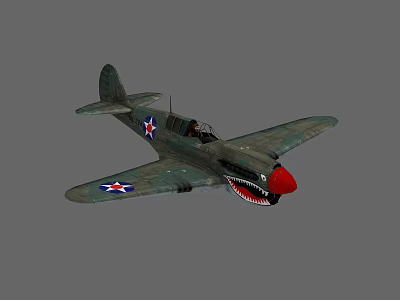 Vintage Green Fighter Plane With Red Shark Mouth And Star Emblems On Wings 3d model