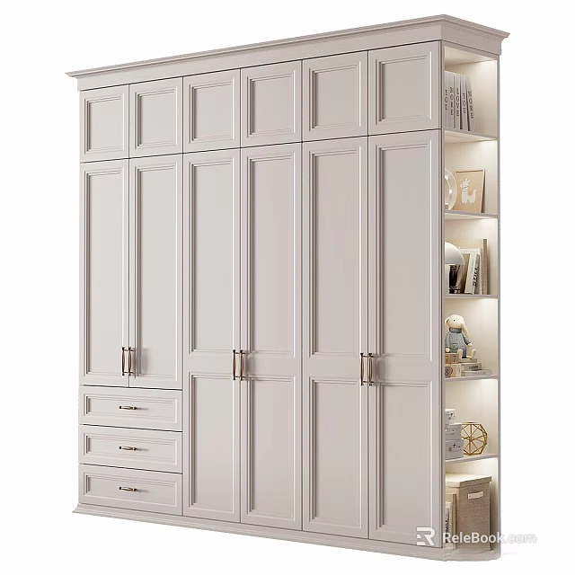 White Wardrobe With Multiple Doors Drawers And Side Storage Shelves For Books And Decorations 3d model 