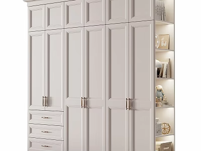 White Wardrobe With Multiple Doors Drawers And Side Storage Shelves For Books And Decorations 3d model