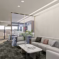 Modern Office Interior With Sofa Marble Coffee Table Wooden Bookshelves And Green Plant