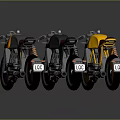 Three Custom Motorcycles With Yellow Black Colorful Designs Leather Seats And Reflections