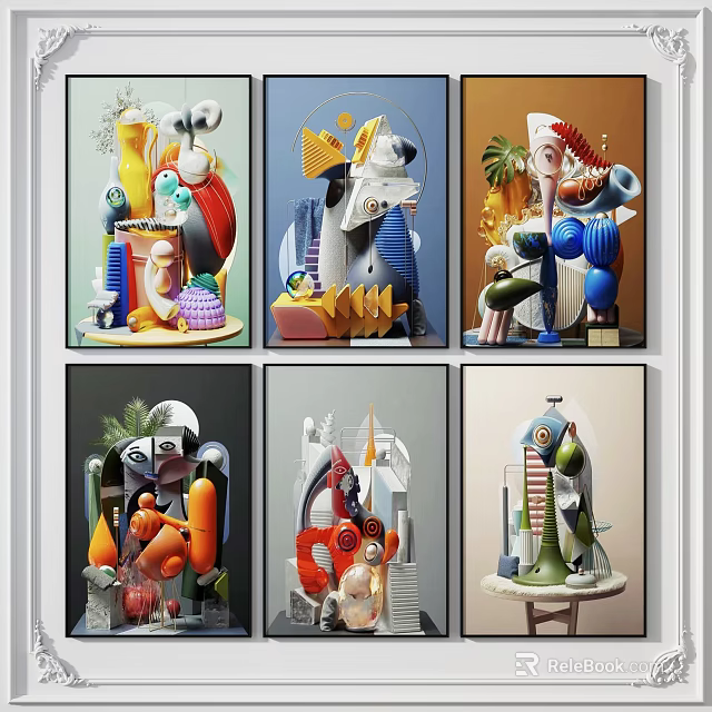 Six Colorful Abstract Artworks With Diverse Shapes And Modern Design 3d model 