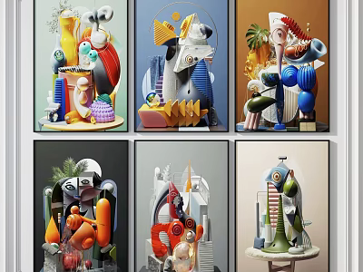 Six Colorful Abstract Artworks With Diverse Shapes And Modern Design 3d model