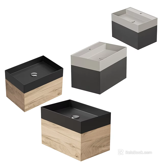 Modern Square Washbasins With Black White And Wooden Base Designs 3d model 