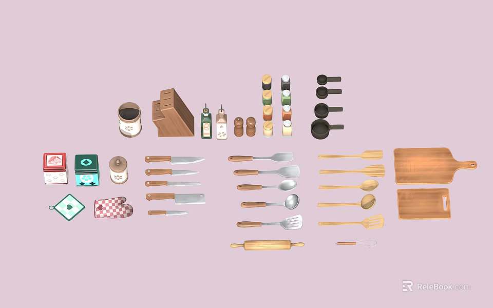 Essential Kitchen Supplies With Knives Spoons Cutting Boards And Wooden Utensils 3d model 