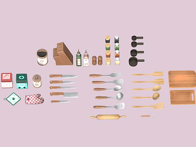 Essential Kitchen Supplies With Knives Spoons Cutting Boards And Wooden Utensils 3d model