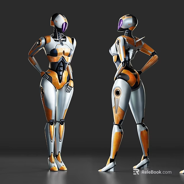 Dual Pose Sci Fi Robot Decorative Figurine Set With Orange Silver Finish 3d model 